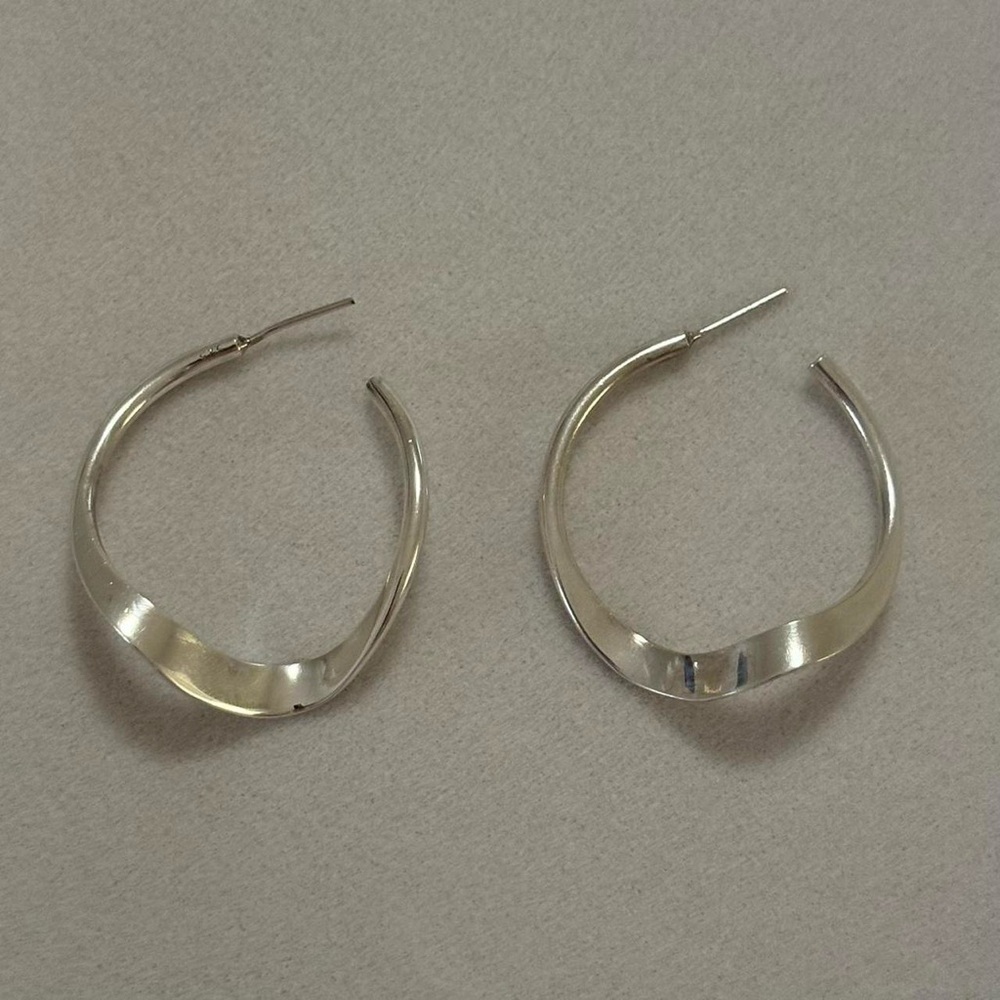 Vintage 925 Sterling Silver Wavy Flat Chunky Statement Hoop Earrings